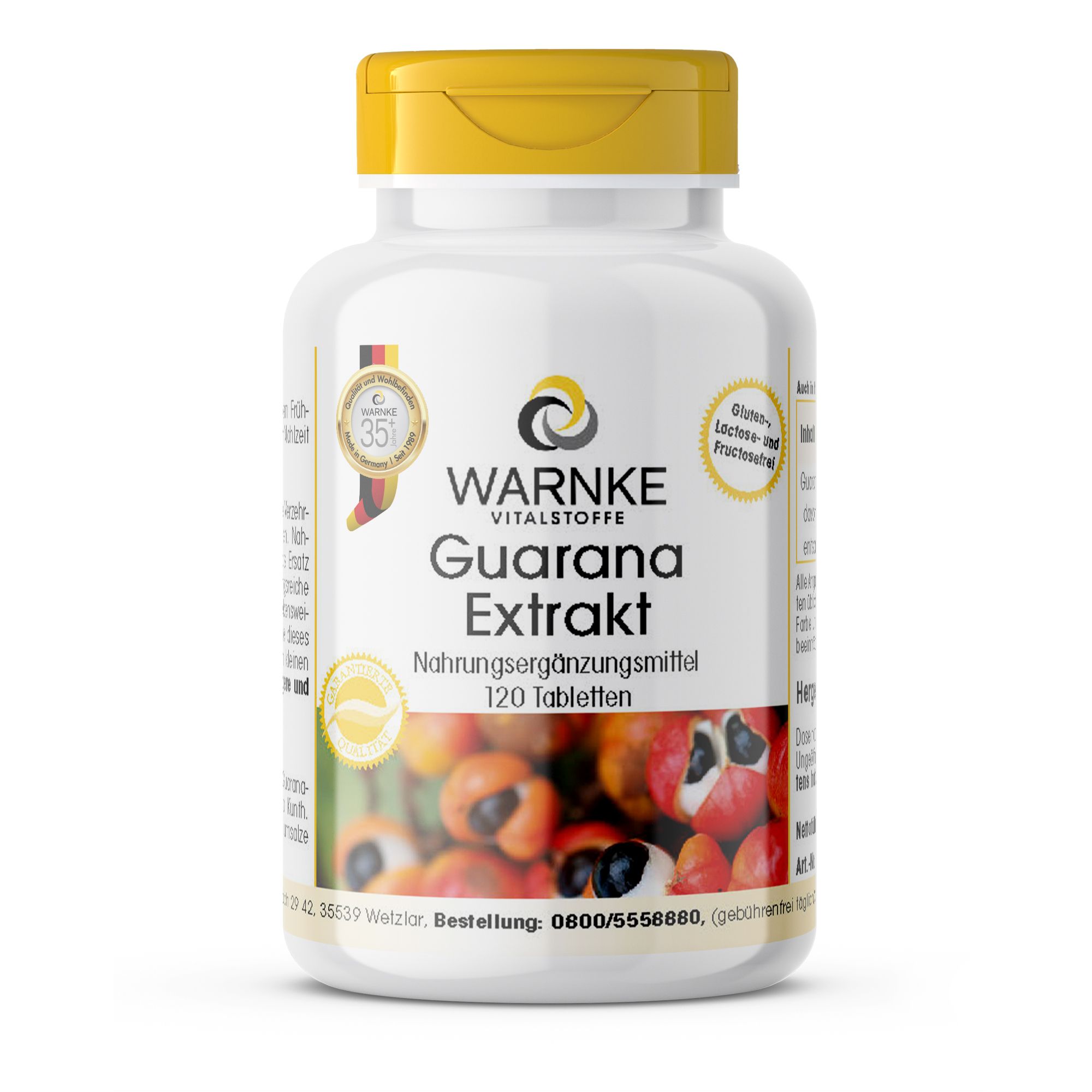 Weiße Flasche mit gelbem Deckel. Aufschrift: Warnke Vitalstoffe, Guarana Extrakt, 120 Tabletten. Mit Siegeln und Abbildungen von Früchten.