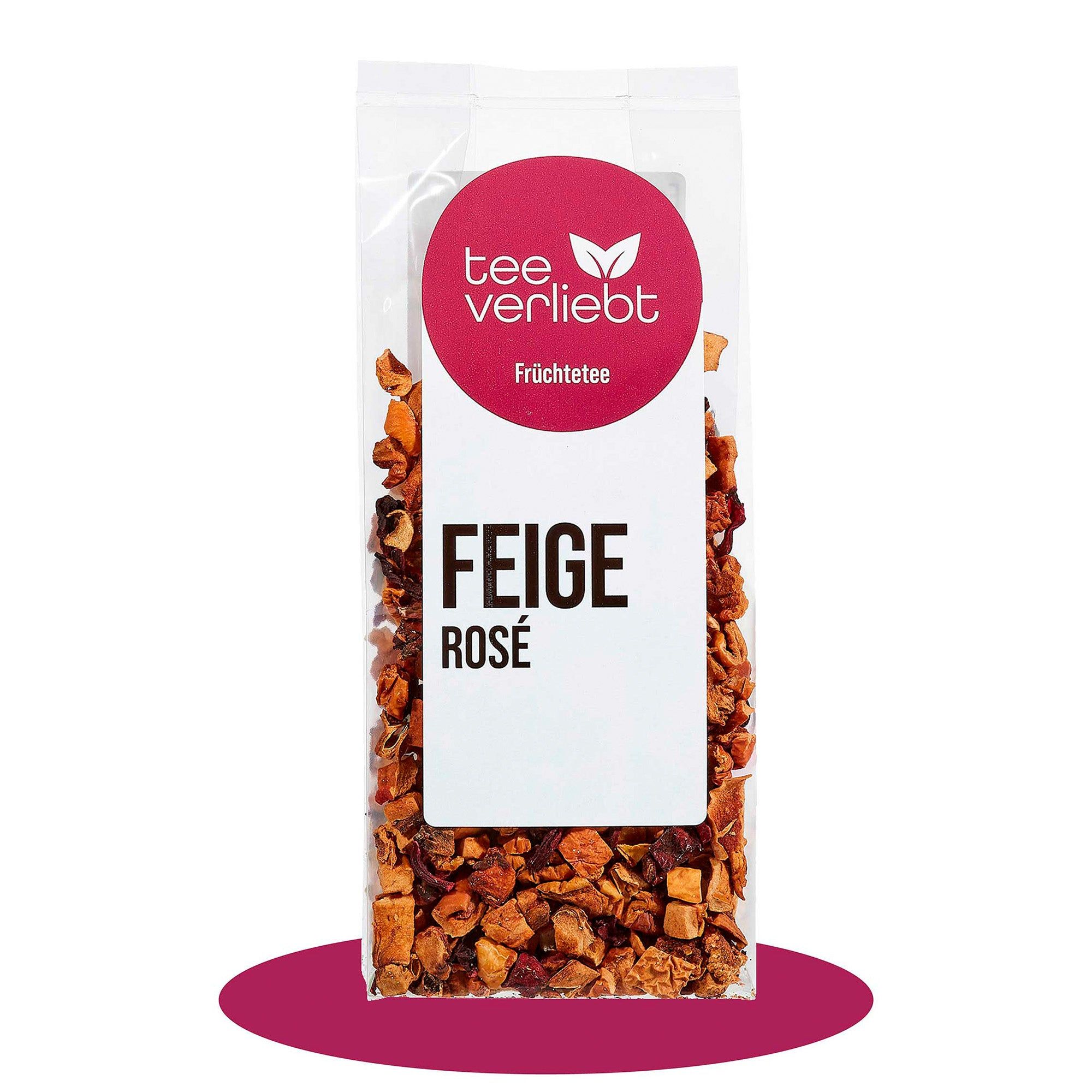 Transparente Verpackung mit losem Früchtetee. Aufdruck: "tee verliebt", "Feige Rosé".