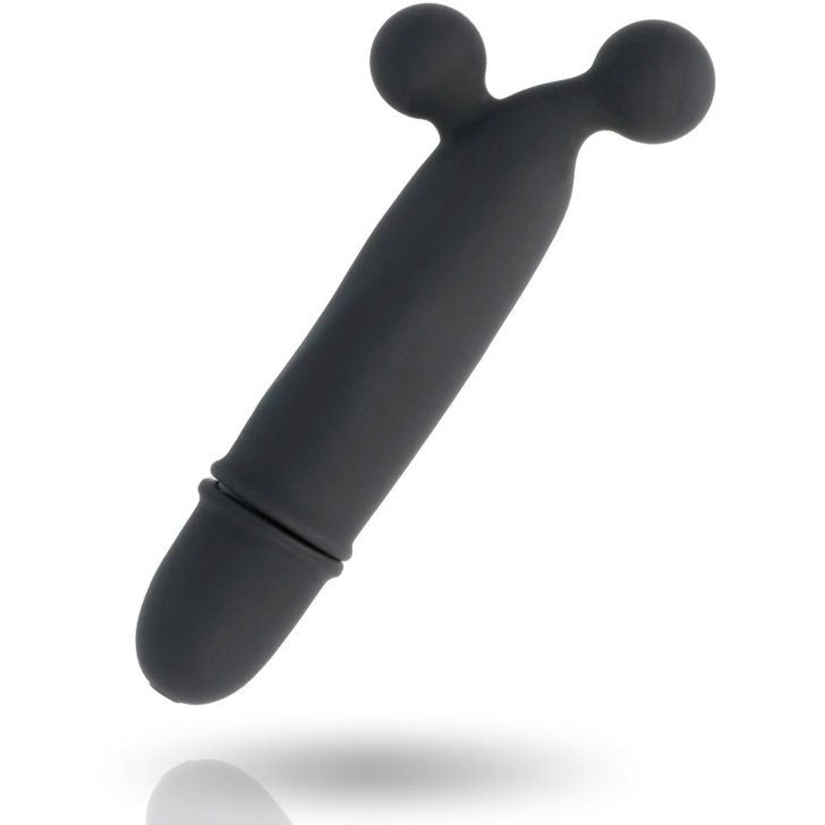 Schwarzer Vibrator mit drei abgerundeten Enden. Der längliche Teil hat eine konische Spitze.