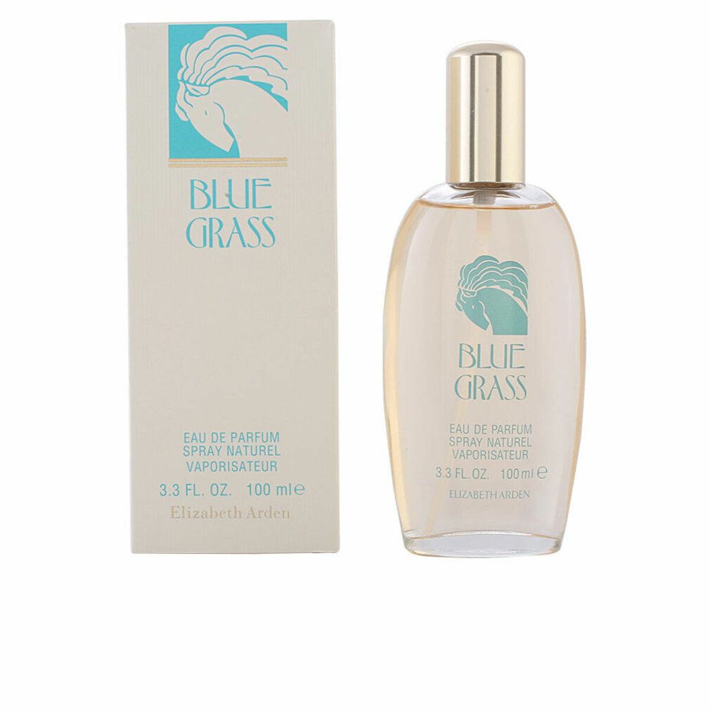 Glasflakon und Schachtel. Flakon mit goldenem Deckel, Aufschrift "BLUE GRASS". Text: Eau de Parfum, Spray Naturel, Vaporisateur. Marke: Elizabeth Arden.