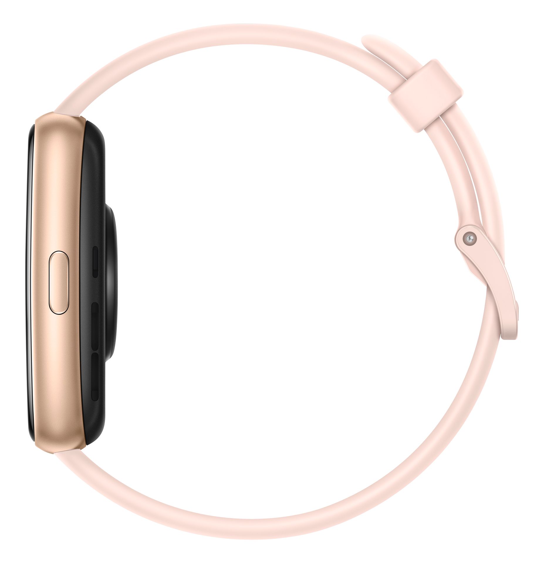 Smartwatch-Gehäuse in Gold mit schwarzem Display und rosa Armband. Seitenansicht.