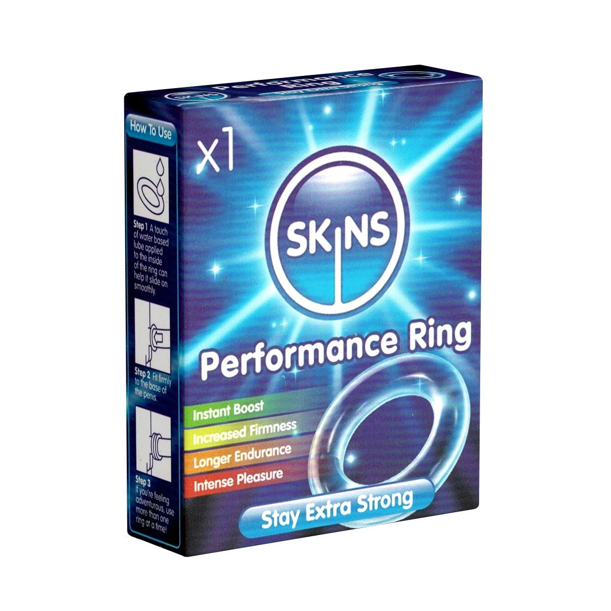 Verpackung mit einem SKINS Performance Ring. Aufschrift: Instant Boost, Increased Firmness, Longer Endurance, Intense Pleasure. 'Stay Extra Strong'.