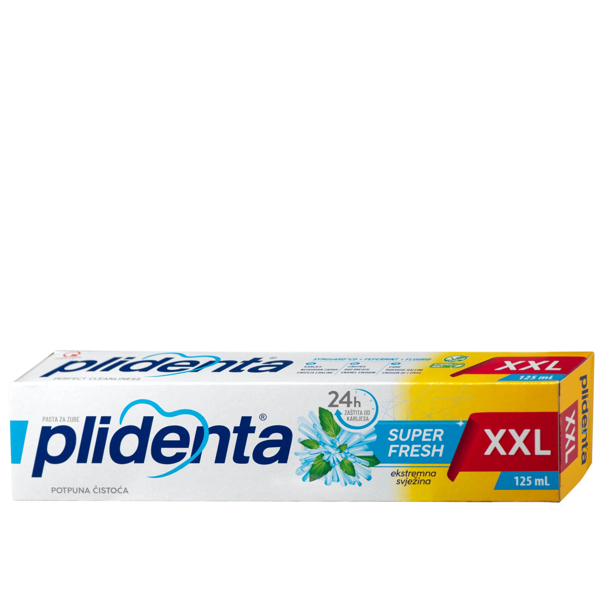 Zahncreme-Tube mit blauer und gelber Verpackung. Aufschrift: Plidenta, XXL, Super Fresh.