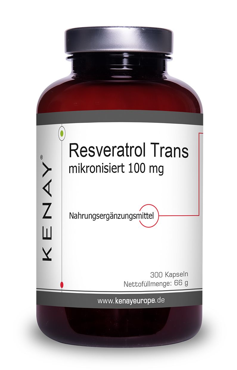 Braune Flasche mit weißen Etikett. Resveratrol Trans mikronisiert 100 mg, 300 Kapseln. Marke KENAY. Nahrungsergänzungsmittel.