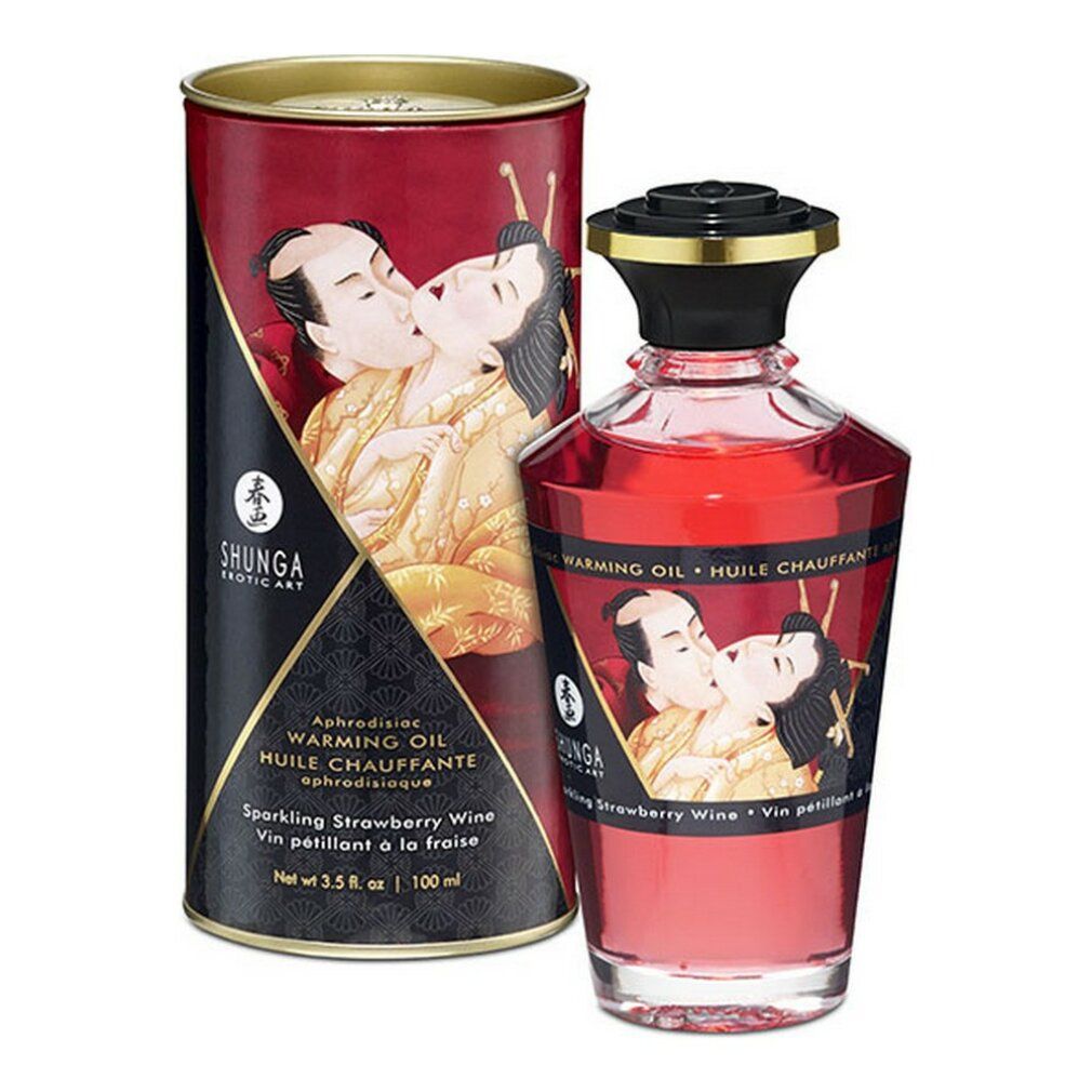 Rote Glasflasche und Dose mit Etiketten. Aufschrift: Shunga, Warming Oil, Erdbeer-Aroma. Abbildung eines küssenden Paares.
