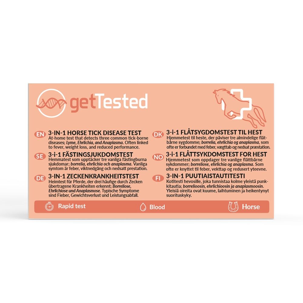 Verpackung für einen 3-in-1 Pferde-Zeckenkrankheiten-Test. Enthält Informationen zu Borreliose, Ehrlichiose und Anaplasmose. Mit Logo und Text.