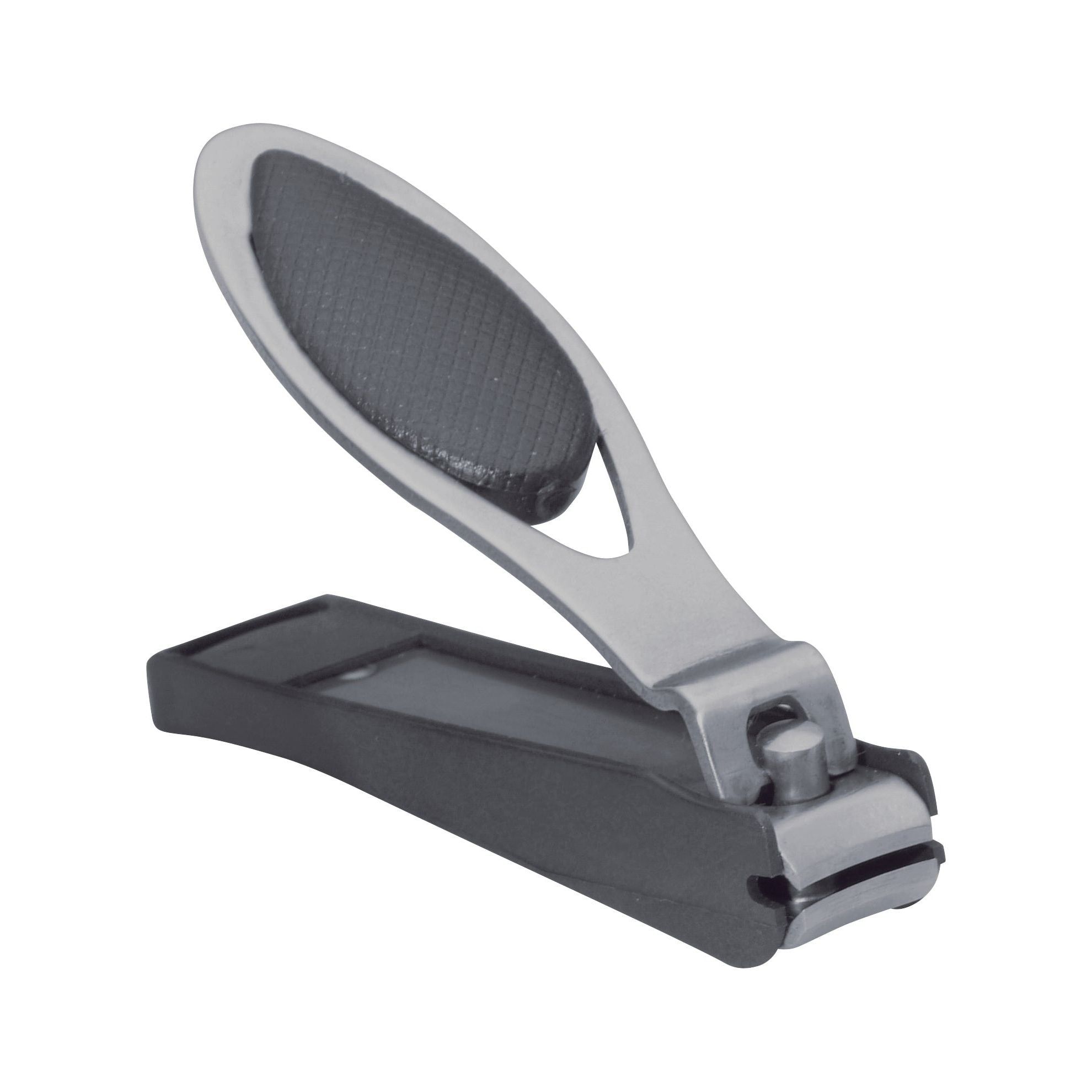 Nagelknipser mit Auffangfunktion. Dunkelgrau-silberfarben. Ergonomischer Griff. Geöffnet.