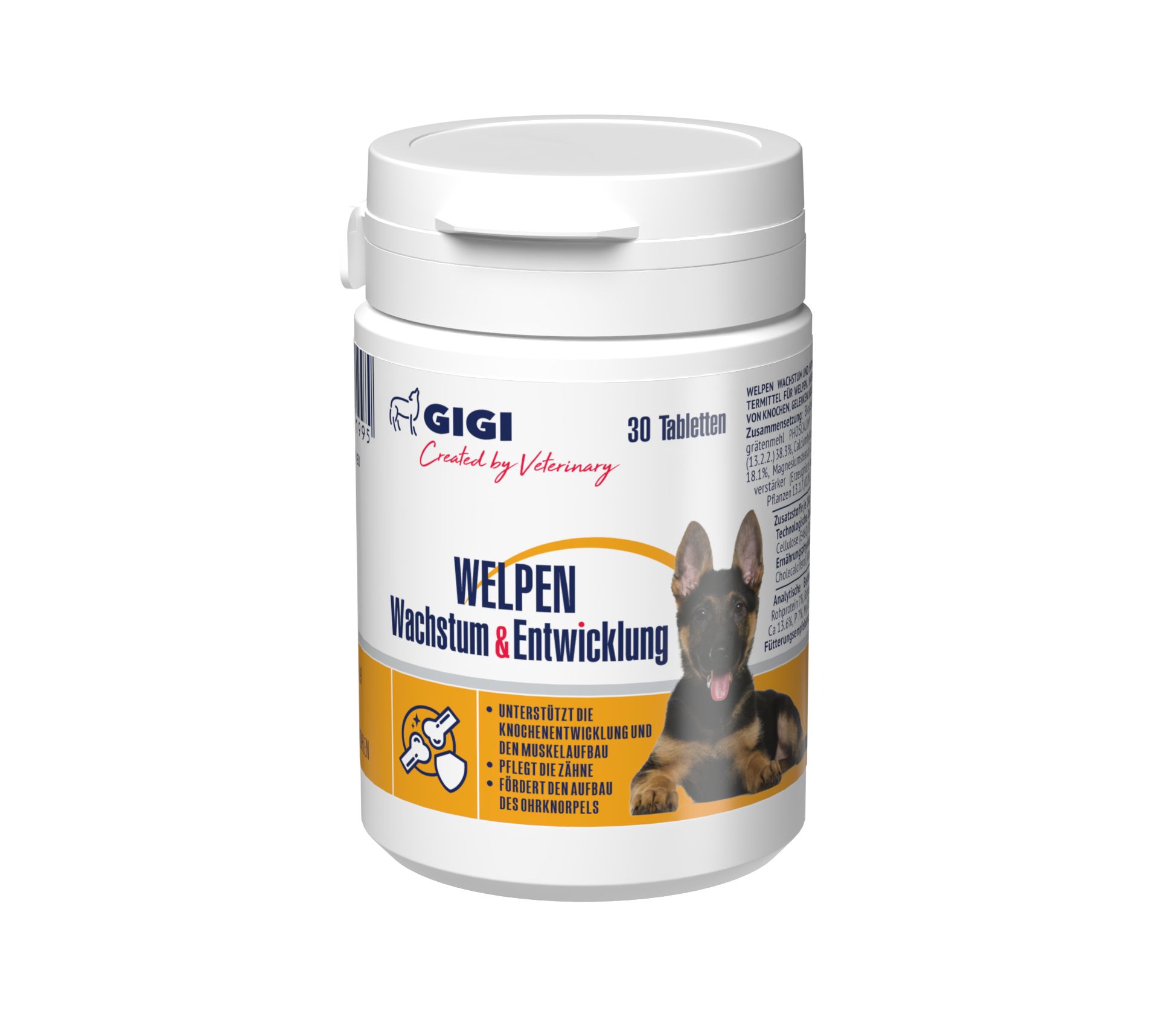 Weiße Tabletten-Dose mit Aufschrift GIGI VET Welpen Wachstum & Entwicklung. Enthält 30 Tabletten. Abgebildet ist ein Welpe.