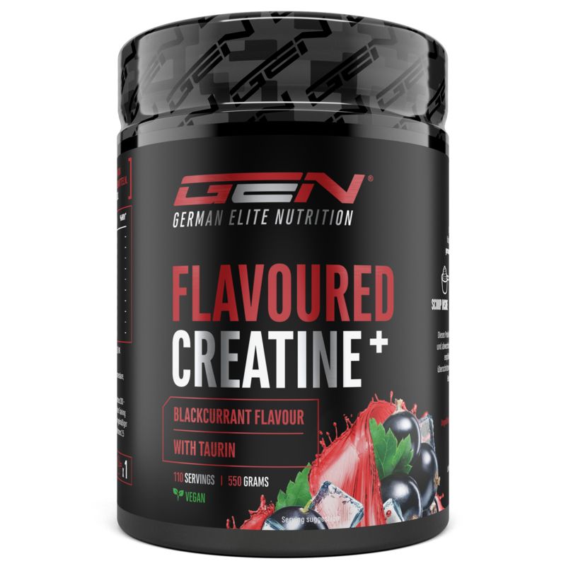 Schwarze Dose mit GEN Flavoured Creatine+. Aufschrift: Blackcurrant Flavour, mit Taurin. Vegan-Siegel.