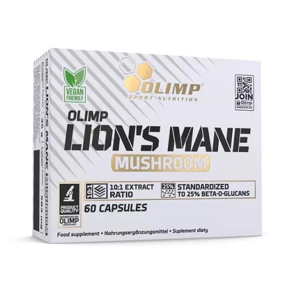 Weißer Karton mit "Olimp Lion's Mane Mushroom". Vegan-Siegel. Text: 10:1 Extrakt, 25% Beta-D-Glucane, 60 Kapseln. QR-Code.