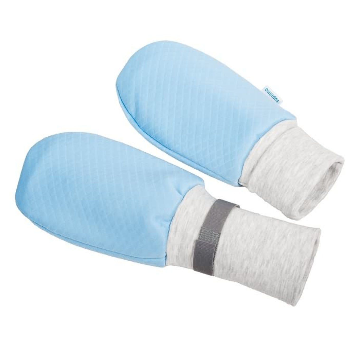 Zwei hellblaue Schutzhandschuhe für Kinder. Graue Bündchen und Klettverschluss.