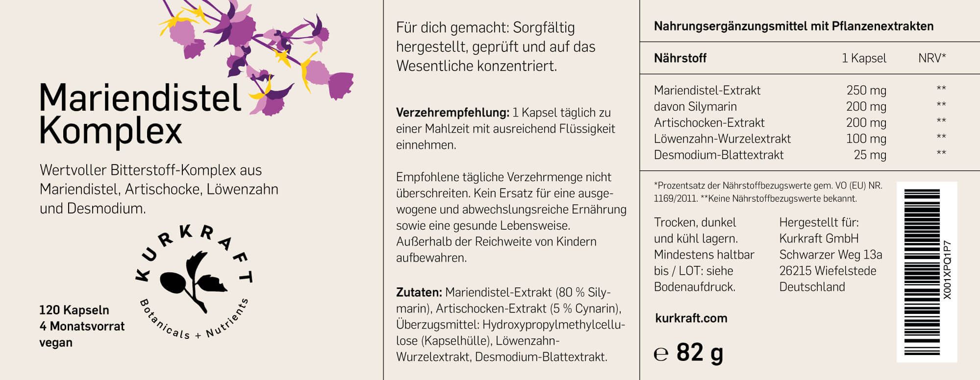 Etikett Mariendistel Komplex. 120 Kapseln, vegan. Nährwertangaben pro Kapsel. Text: Wertvoller Bitterstoff-Komplex. Herstellerinformationen.