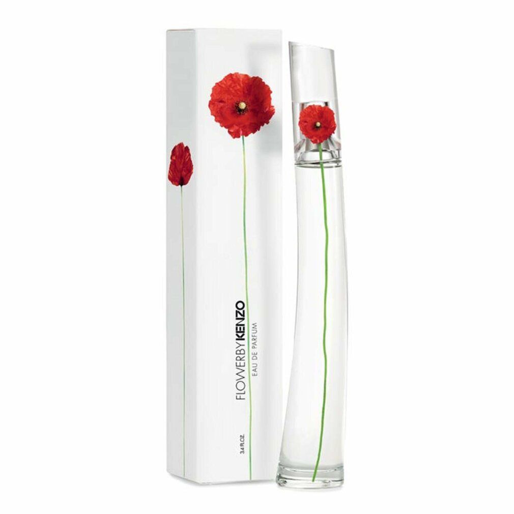 Parfümflasche und Verpackung. Aufdruck: Flower by Kenzo Eau de Parfum. Rote Mohnblume auf weißem Hintergrund.