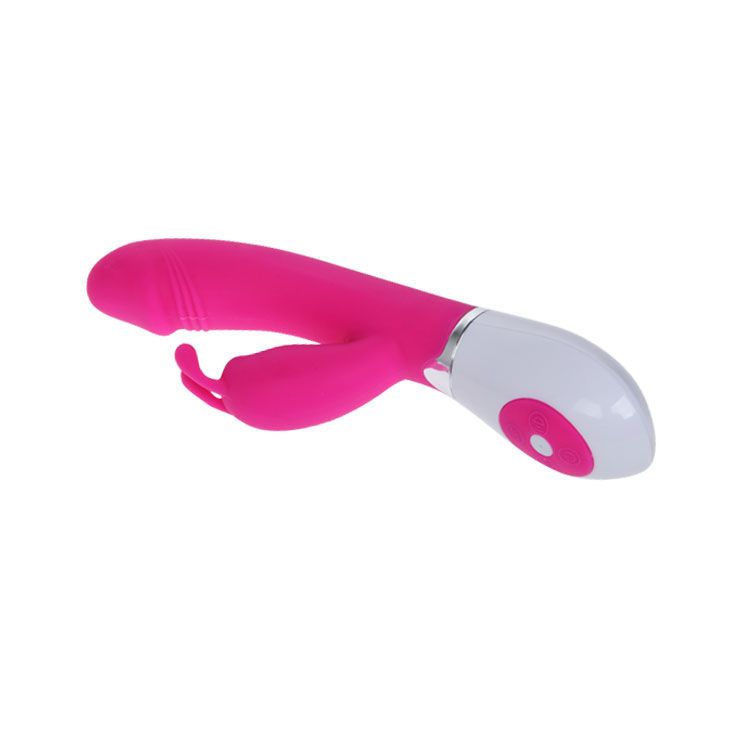 Rosa-weißer Vibrator. Gebogene Form, mit Kopf und seitlichem Element. Auf weißem Hintergrund.