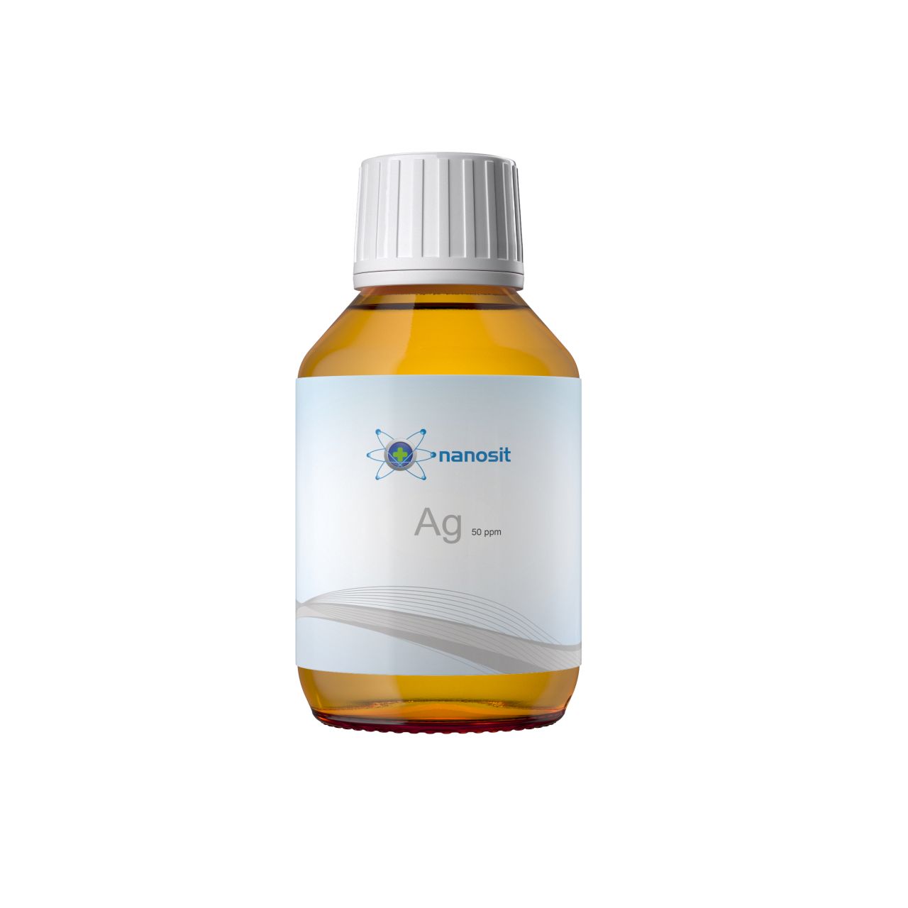Braune Glasflasche mit weißem Deckel. Etikett mit Logo und Schriftzug "nanosit Ag 50 ppm".
