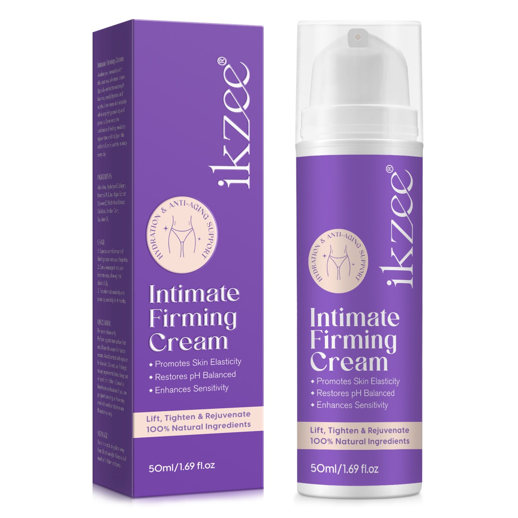 Lila Verpackung und Flasche mit Produkt. Aufschrift: Intimate Firming Cream. Marke: ikzee. Enthält 100% natürliche Inhaltsstoffe.