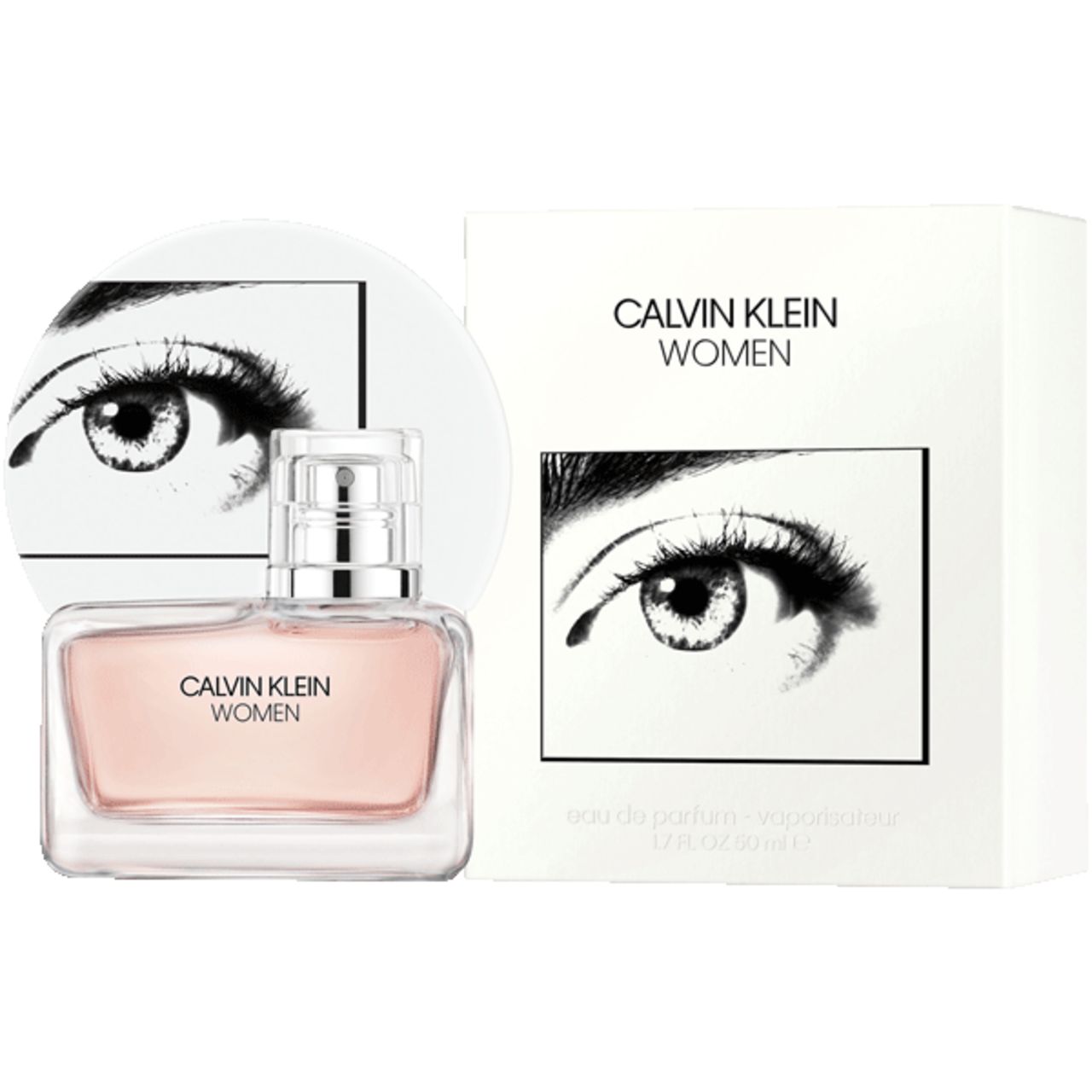 Calvin Klein Women Flakon und Verpackung. Rosa Flüssigkeit. Silberner Zerstäuber. Weißer Hintergrund mit Augendesign.