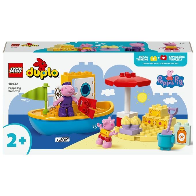 LEGO Duplo Set. Enthält eine gelbe und blaue Bootskonstruktion mit Peppa Pig Figuren, Strandzubehör und Verpackung.