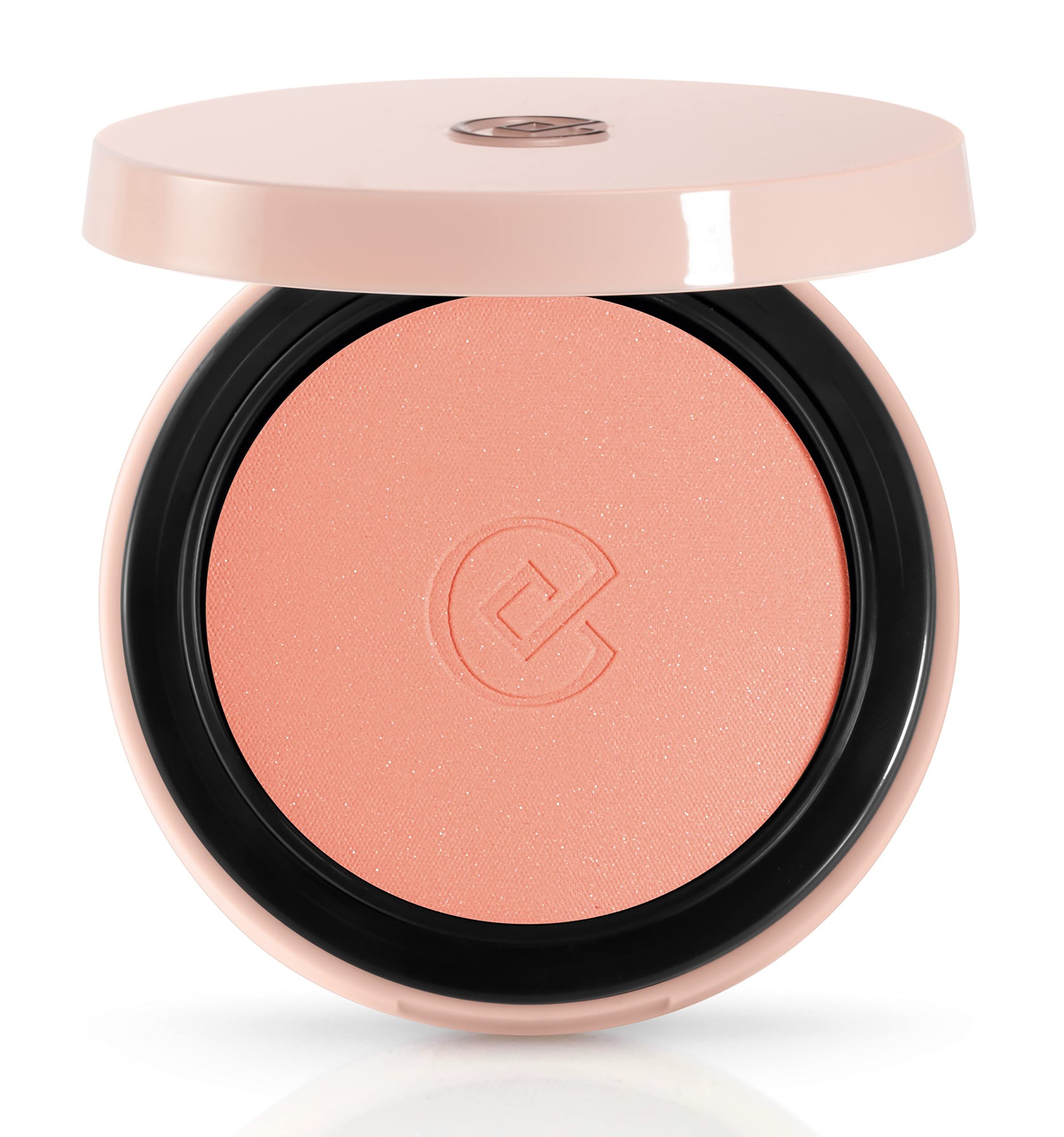 Runder, geöffneter Blush-Kompaktpuder mit rosafarbenem Puder und Deckel. Schwarzer Rand. Logo im Puder.
