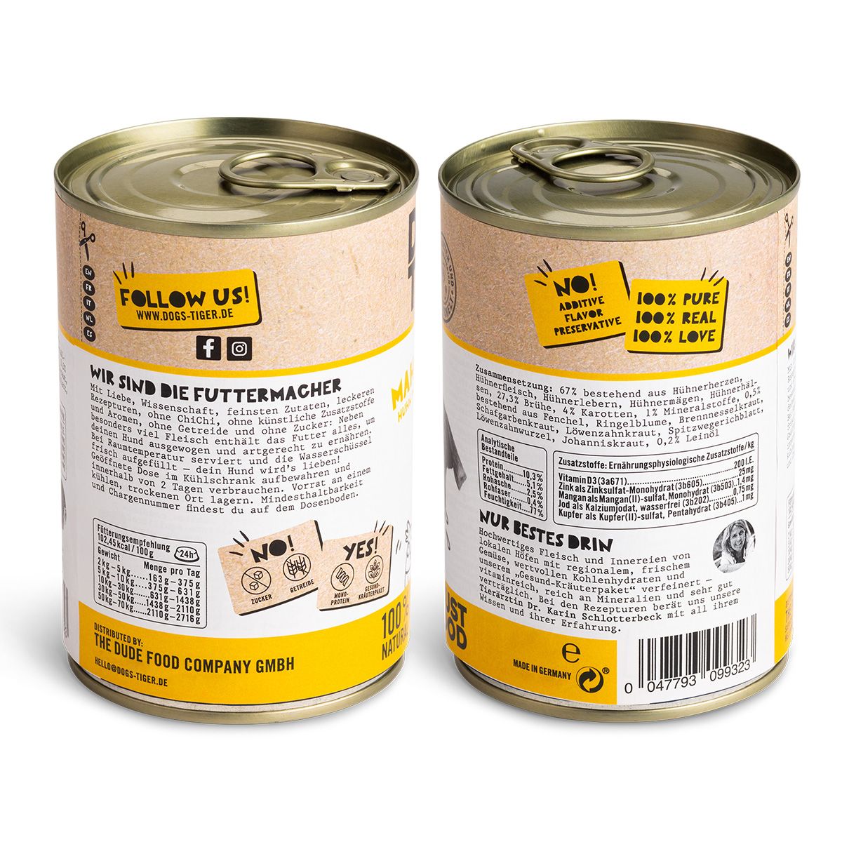 Zwei Dosen Hundefutter "Dogs'n Tiger". Aufschrift "Mahlzeit!". Rückseite mit Informationen und Inhaltsstoffen. 100% natürlich.