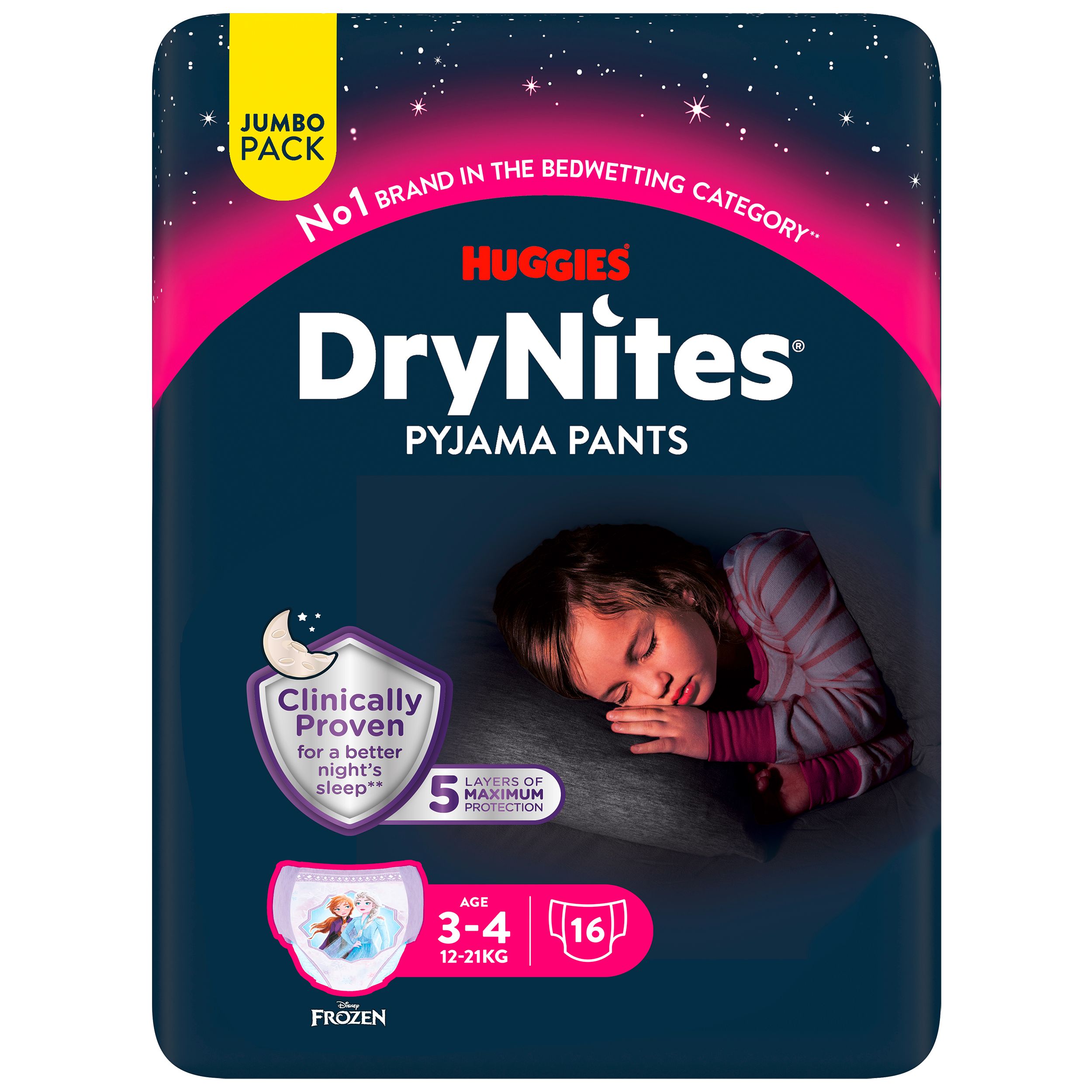 Huggies DryNites Pyjama Pants, Mädchen, 3-4 J. Packung. Enthält 16 Stück. Aufdruck mit Eisköniginnen-Motiv. Alter 3-4 Jahre, 12-21 kg.