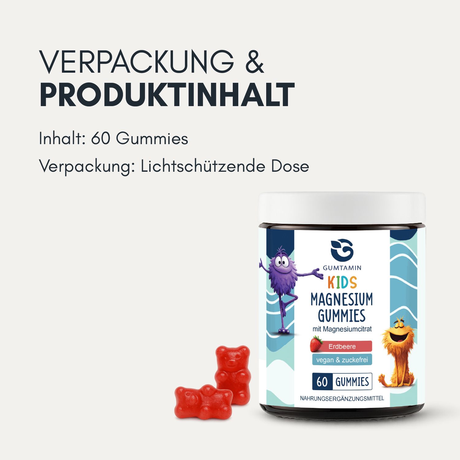 Magnesium Gummibärchen Dose mit 60 Gummis. Zwei rote Gummibärchen daneben. Text: Verpackung & Produktinhalt.
