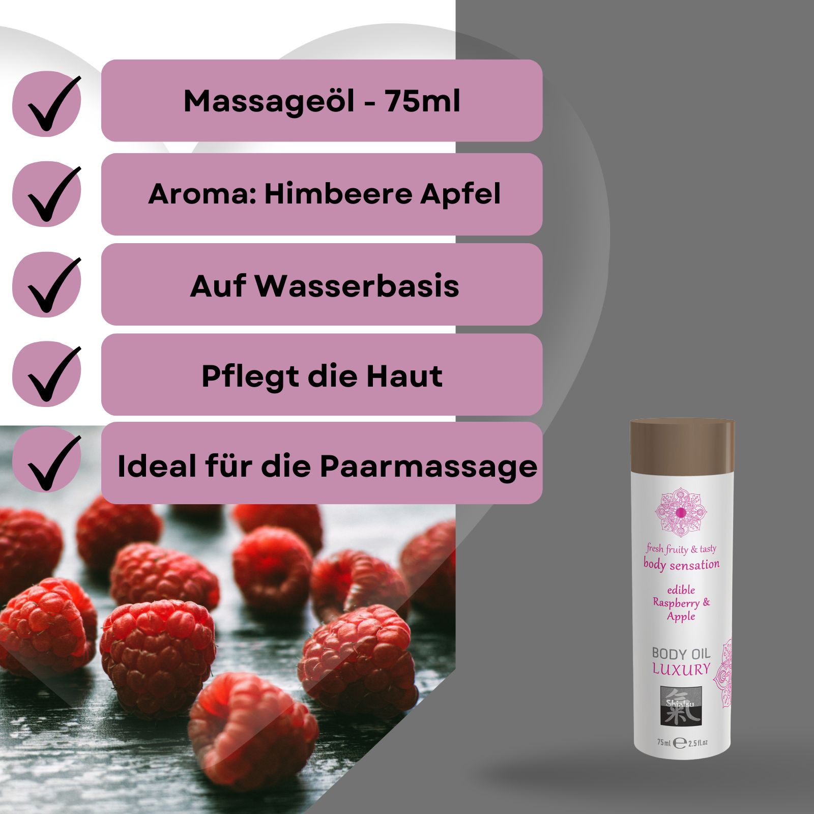Körperöl-Flasche neben Himbeeren. Text: "Massageöl - 75ml", "Aroma: Himbeere Apfel", "Auf Wasserbasis", "Pflegt die Haut", "Ideal für die Paarmassage".