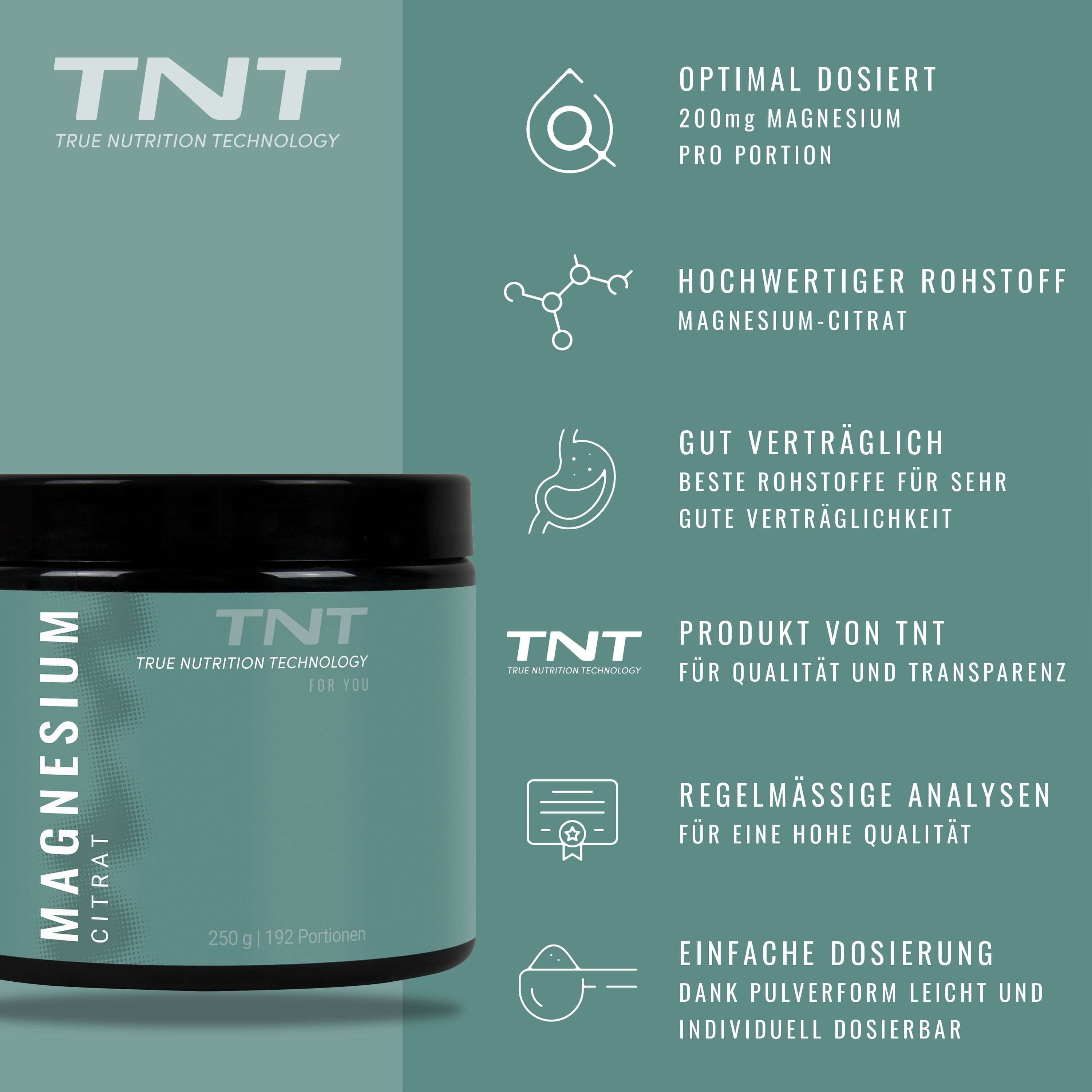 TNT Magnesium Citrat Dose. Produktinformationen und Vorteile. Enthält: Magnesium-Citrat, 200mg Magnesium pro Portion, hohe Qualität.