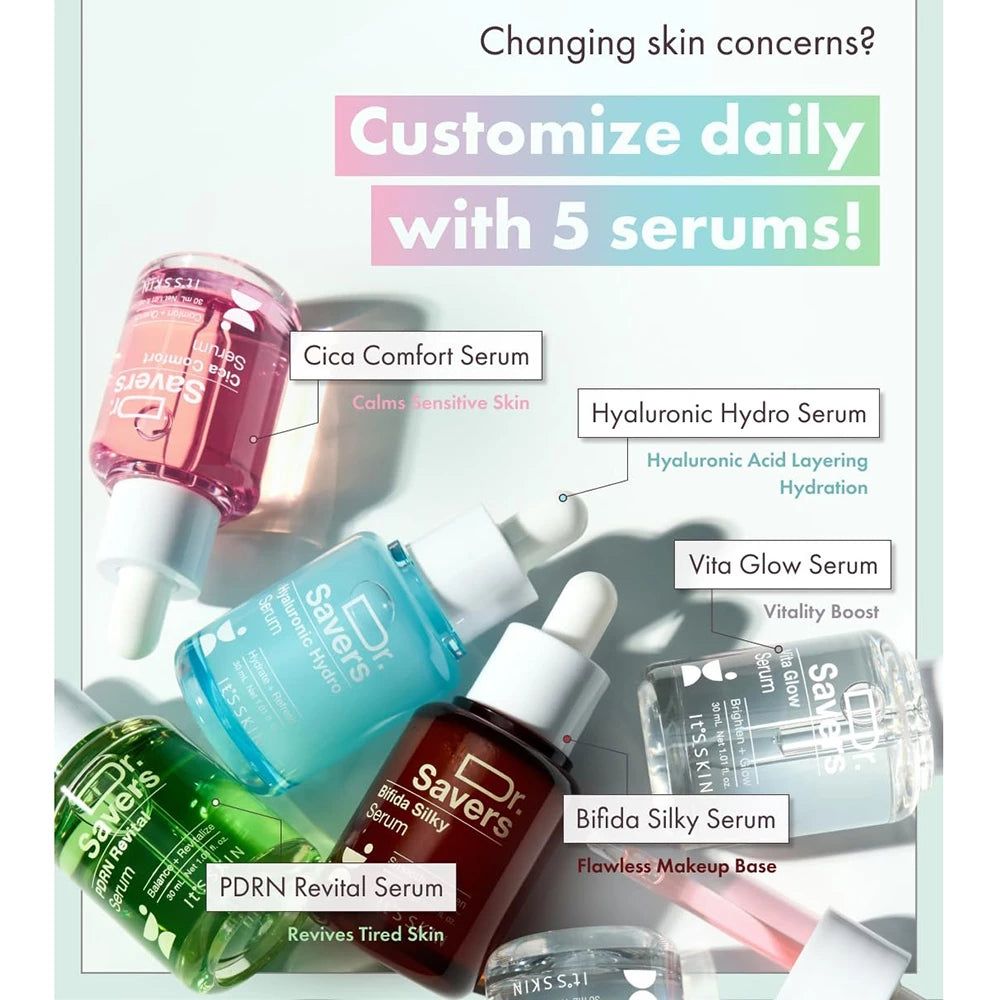 Fünf Serumfläschchen mit Tropfern. Beschriftung: Dr. Savers. Verschiedene Farben. Texte: Cica Comfort, Hyaluronic Hydro, Vita Glow, PDRN Revital, Bifida Silky.