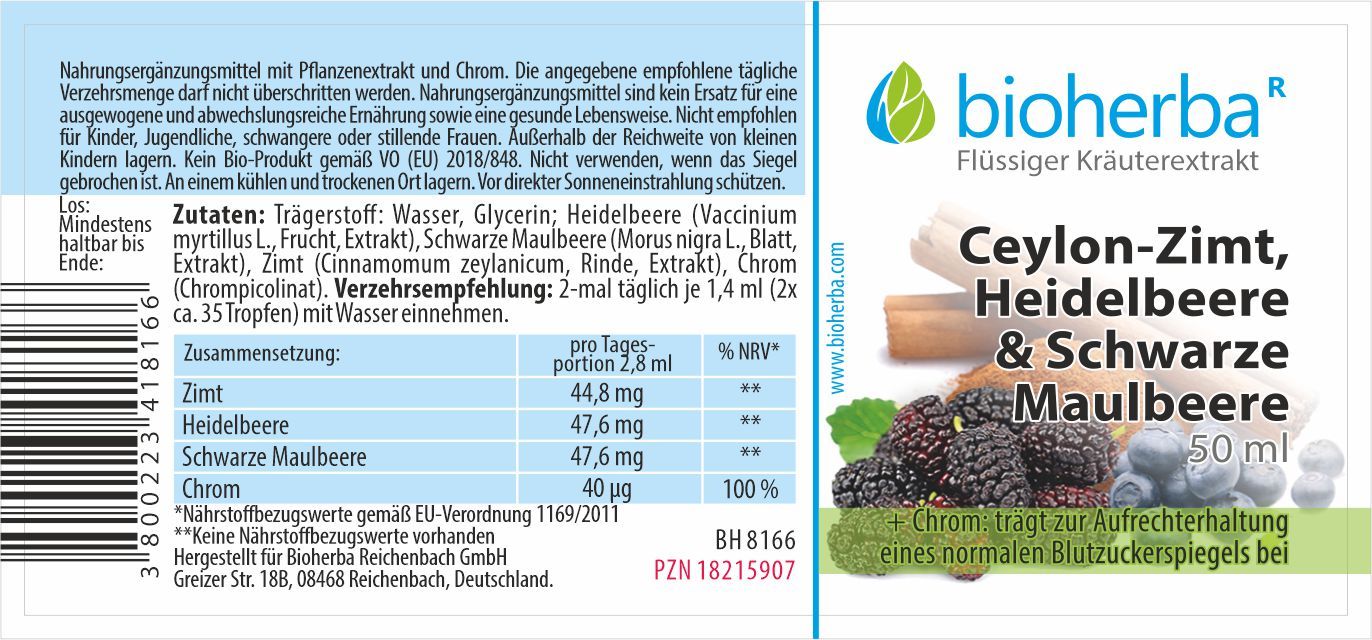 Bioherba Ceylon-Zimt  Heidelbeere & Schwarze Maulbeere Tropfen  Tinktur Extrakt