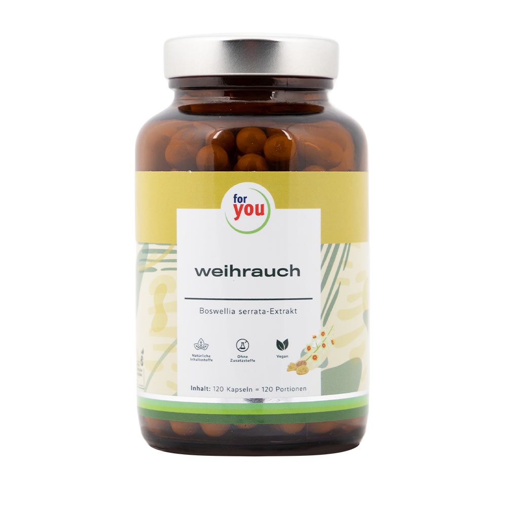 Braune Glasflasche mit Kapseln. Gelbes Etikett mit "for you" und "Weihrauch". Text: Boswellia serrata-Extrakt. Vegan-Siegel.