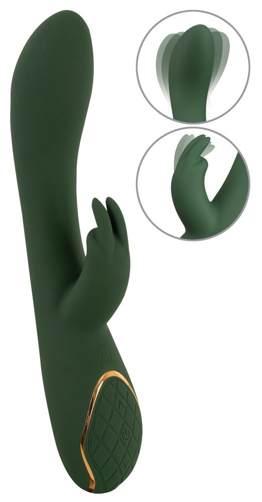 Dunkelgrüner Kaninchenvibrator mit goldener Zierleiste und Rautenmuster-Bedienfeld. Zeigt Vibrationsmuster.