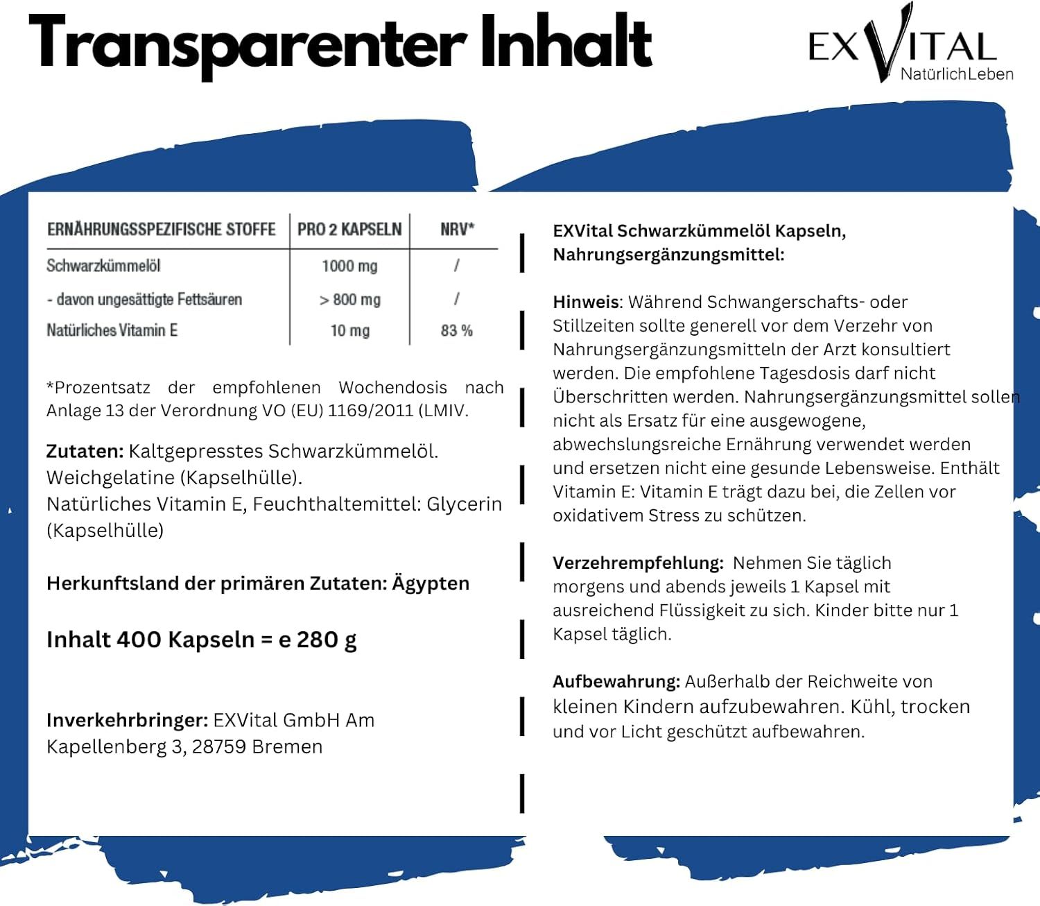 Text auf weißem Hintergrund: Nährwerttabelle, Inhaltsstoffe, Herkunft Ägypten, Inhalt 400 Kapseln. Hinweise zur Einnahme.
