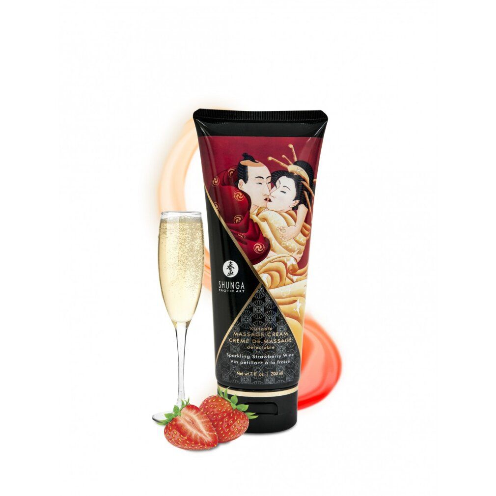 Tube Massagecreme, Glas Sekt, Erdbeeren. Paar-Illustration, Text und Logo. Schwarzer Deckel.
