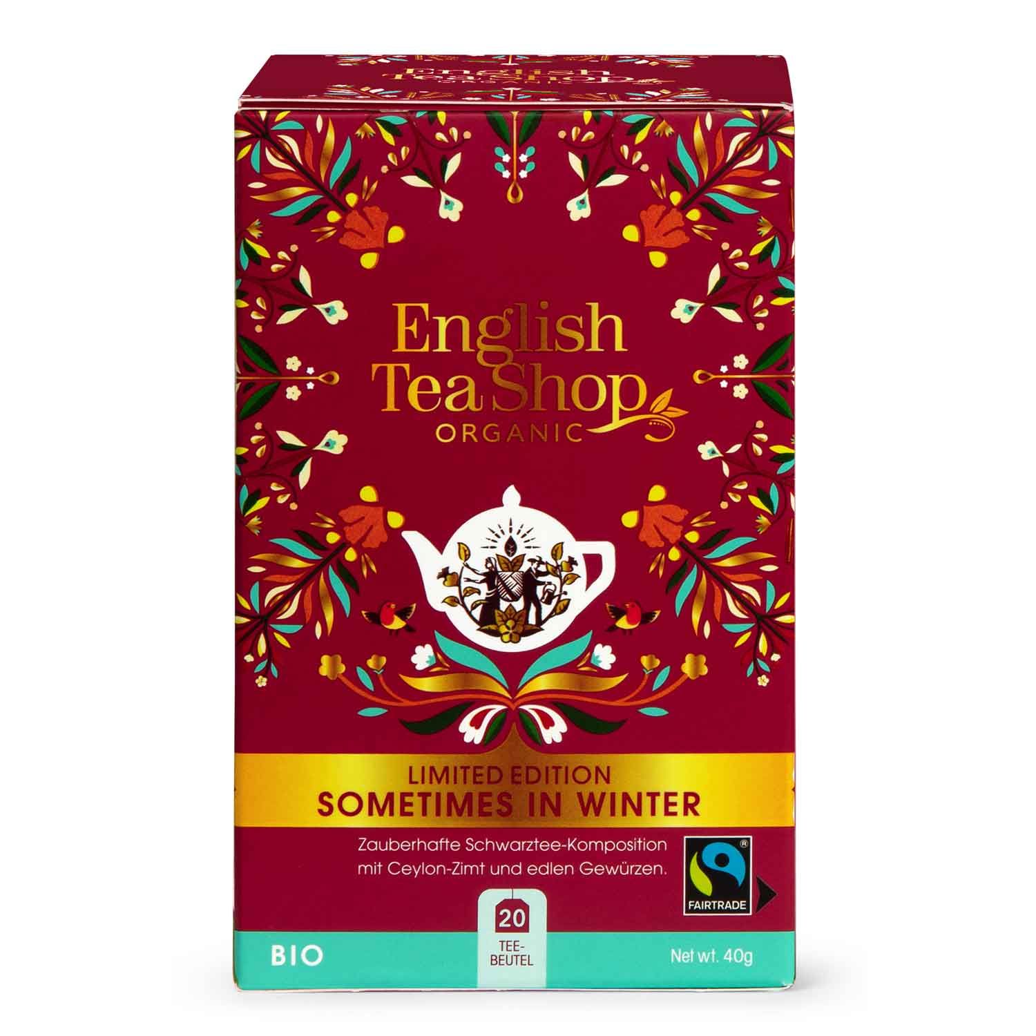 Rote Schachtel mit floralem Muster. Aufschrift: English Tea Shop Organic, Limited Edition Sometimes in Winter, 20 Teebeutel, Bio, Fairtrade.