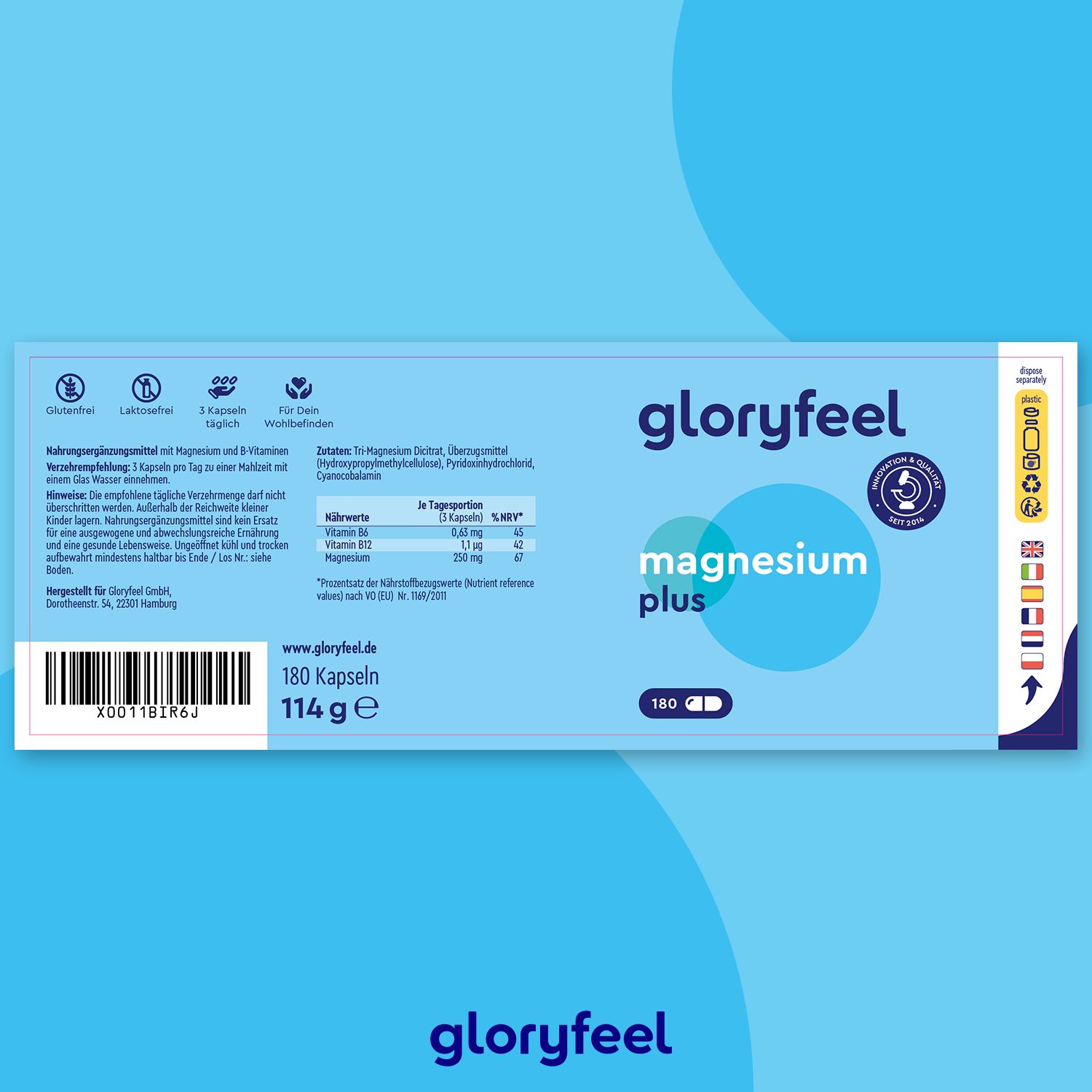 Blaues Etikett mit Produktinformationen. Aufschrift: gloryfeel magnesium plus. 180 Kapseln. Inhaltsstoffe, Nährwerte.