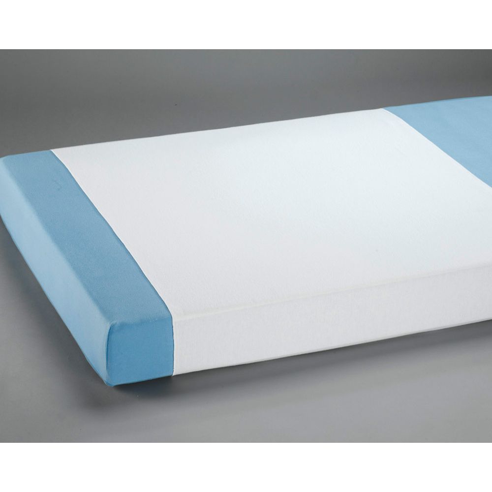 Matratzenschoner mit blauem Rand und weißer Mitte. Rechteckige Form.