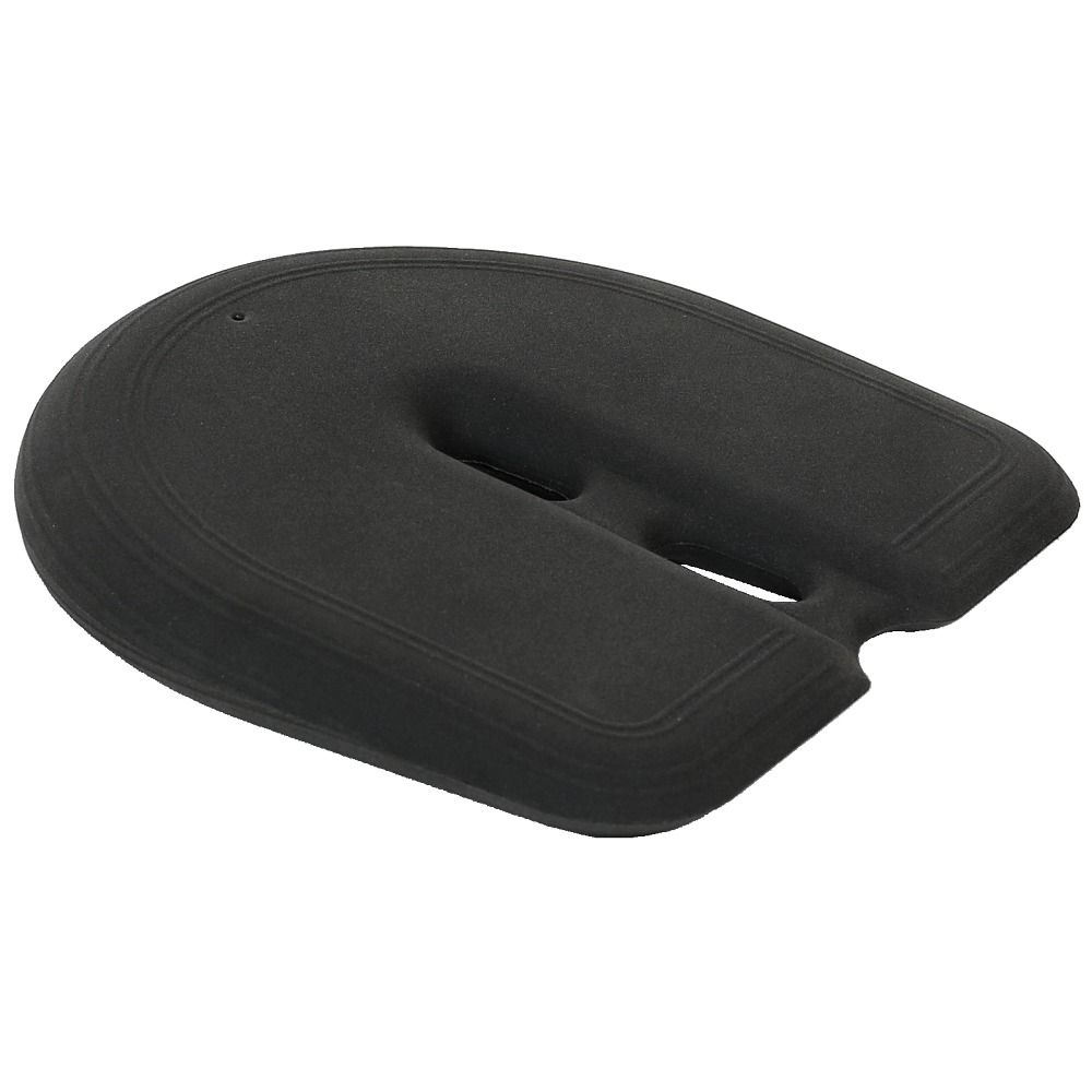 Schwarzes, hufeisenförmiges Kissen mit abgerundeten Kanten. Oberseite mit umlaufender Naht. Zwei Aussparungen.