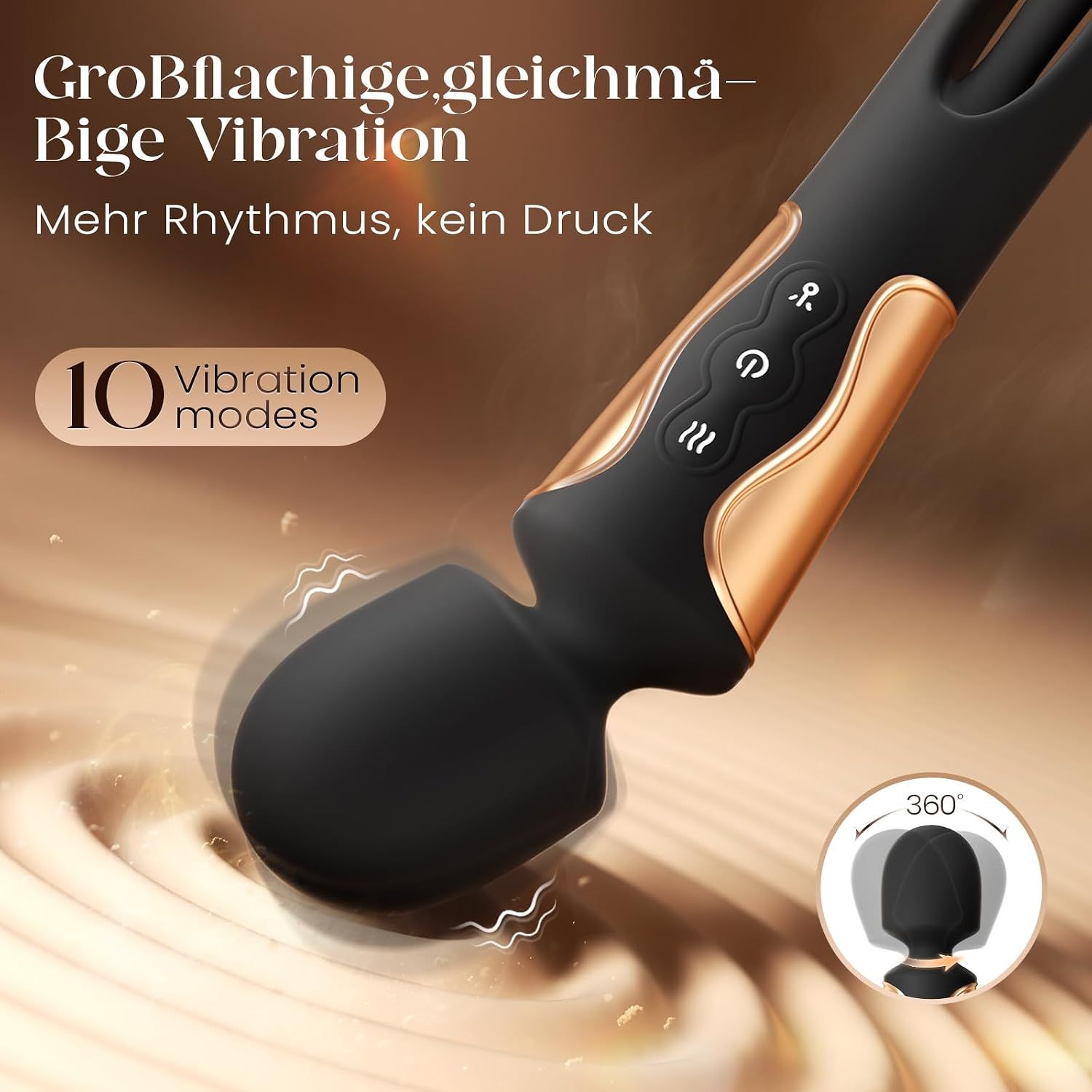 Schwarzer Vibrator mit kupferfarbenem Griff und 10 Vibrationsmodi für gleichmäßige Vibration.