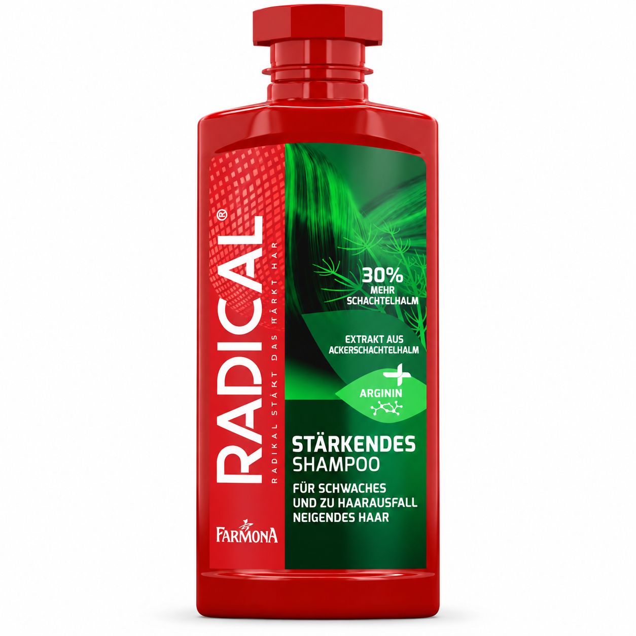 Rote Flasche Farmona Radical Stärkendes Shampoo mit grünen Blättern und Text.