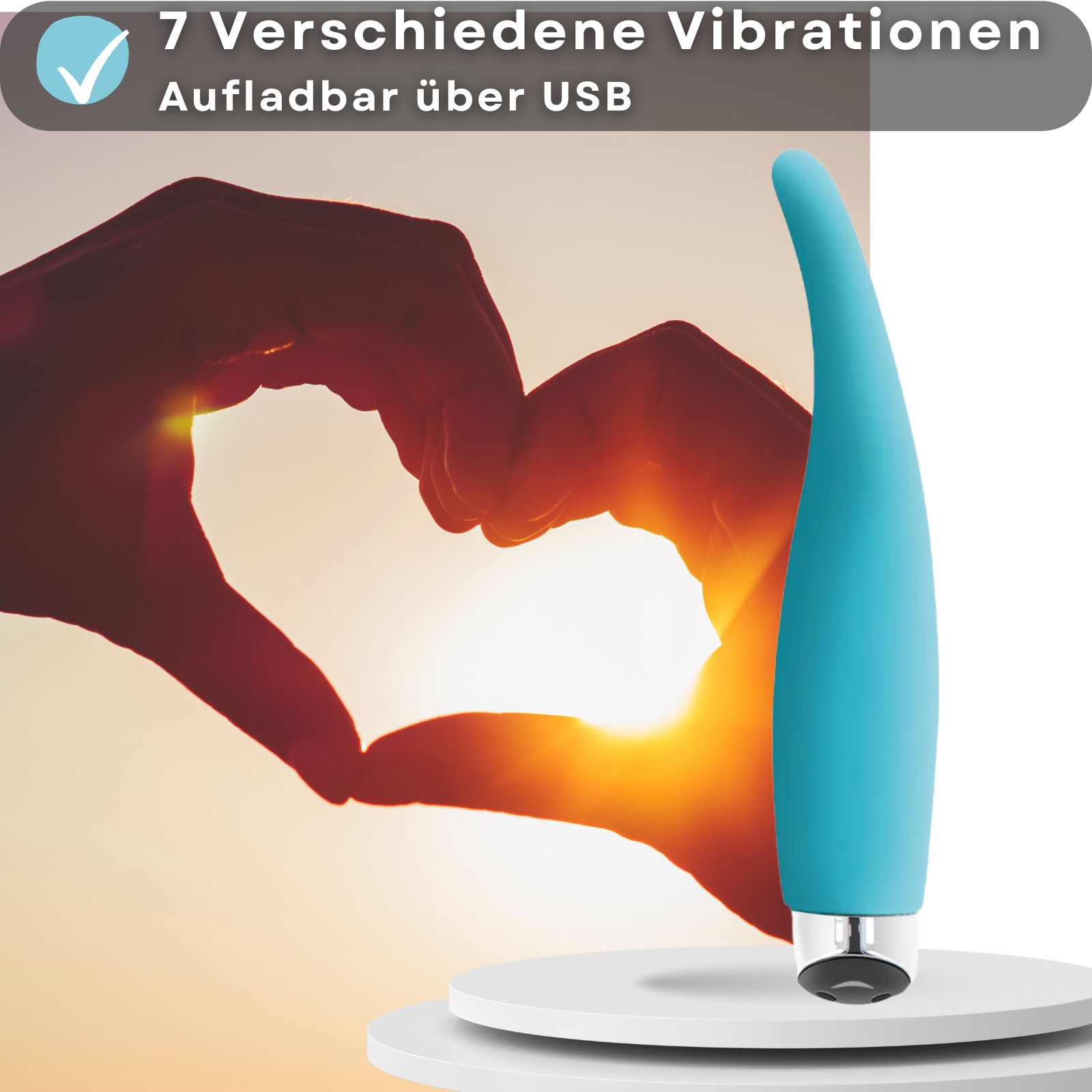 Blauer Vibrator. Text: 7 Vibrationen, USB-Aufladung. Hände formen Herz.