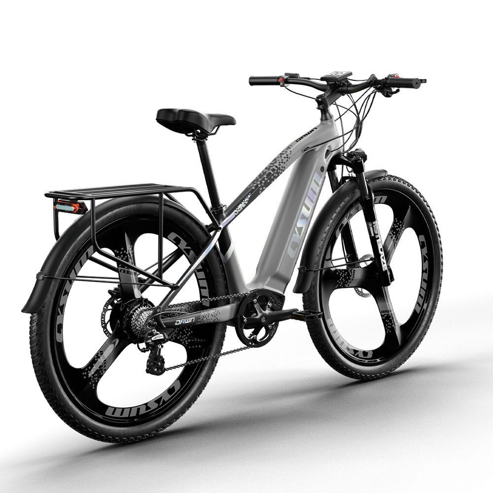 Graues Elektrofahrrad mit schwarzen Rädern. Gepäckträger und CYSUM-Logo sichtbar.