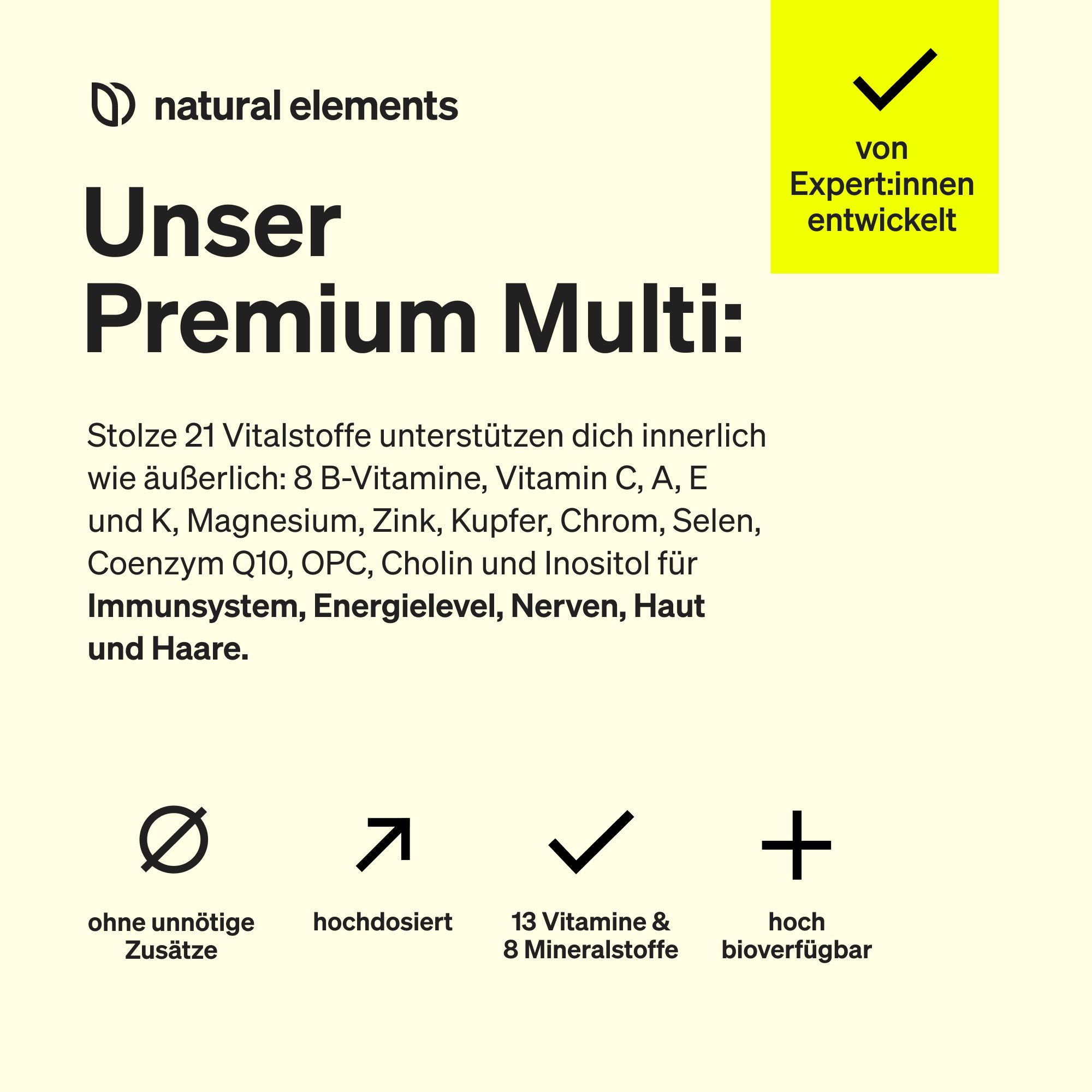 Text mit Informationen über Premium Multi. Enthält 21 Vitalstoffe. Marke: natural elements. Gelber Hintergrund.