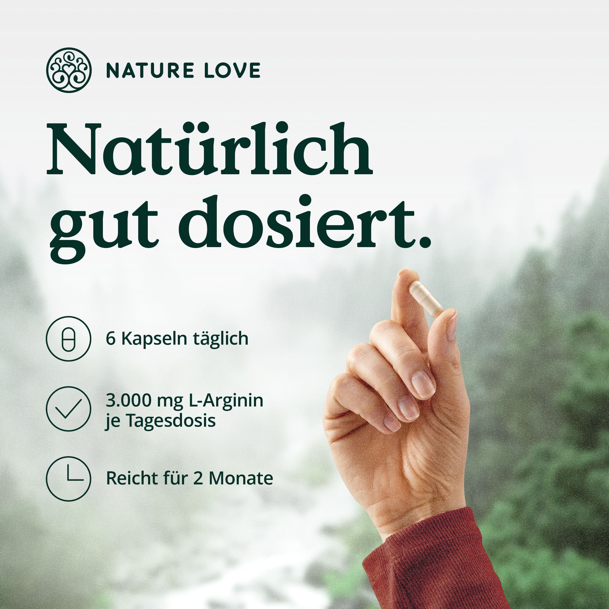 Hand hält Kapsel. Text: Natürlich gut dosiert. 6 Kapseln täglich. 3.000 mg L-Arginin je Tagesdosis. Reicht für 2 Monate. Logo: NATURE LOVE®.