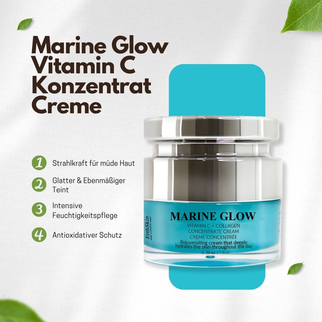 Creme-Tiegel mit Text. Aufschrift: Marine Glow, Vitamin C, Konzentratcreme. Marke: ErthSkin London. Text: Strahlkraft für müde Haut, etc.