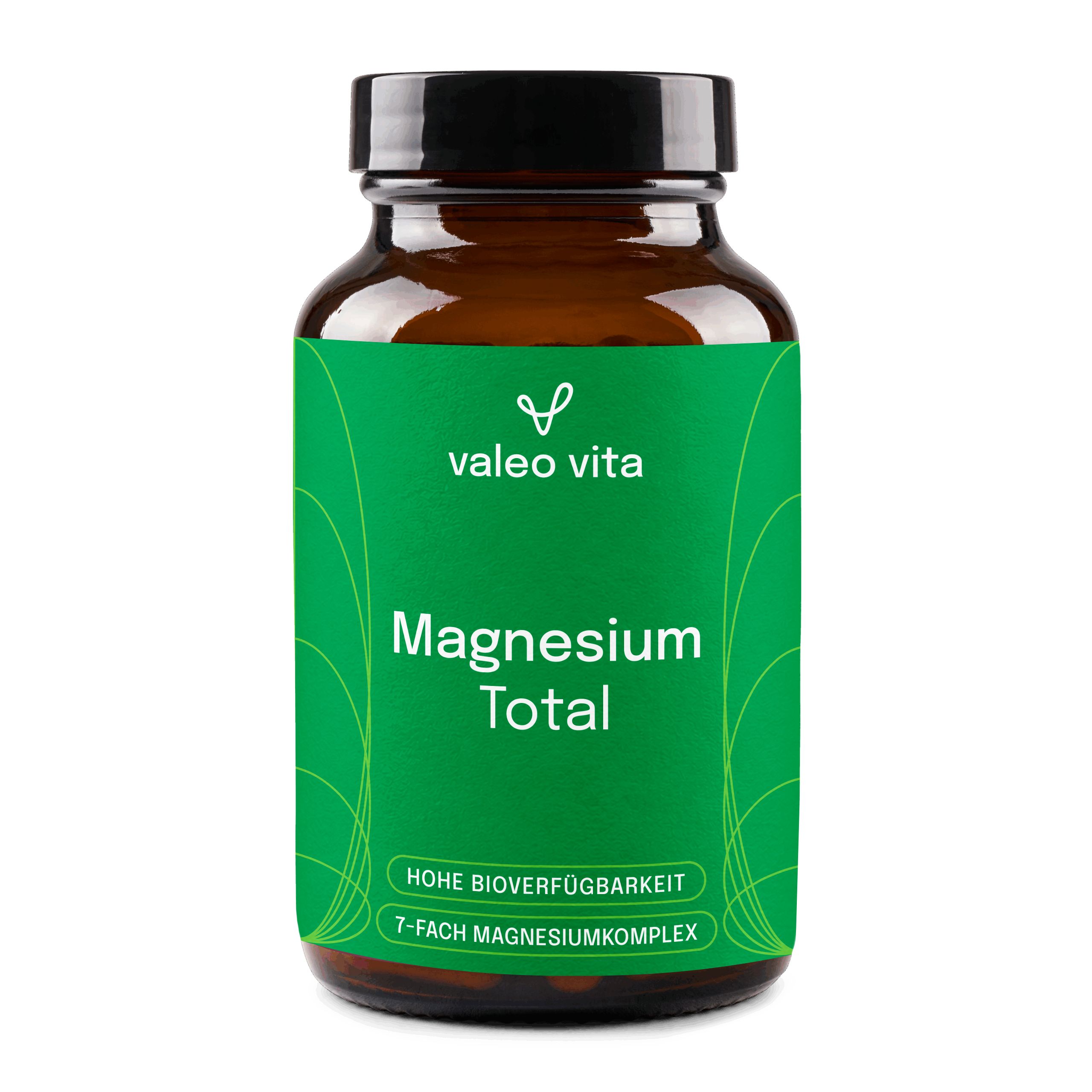Braune Glasflasche mit grünem Etikett für Valeo Vita Magnesium Total. Enthält 7 Magnesiumsalze.