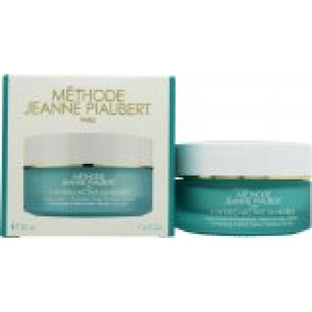 Produktverpackung mit Tiegel und Schachtel. Aufschrift: Jeanne Piaubert, L'Hydro-Active 24 Heures. Türkis und weiß.