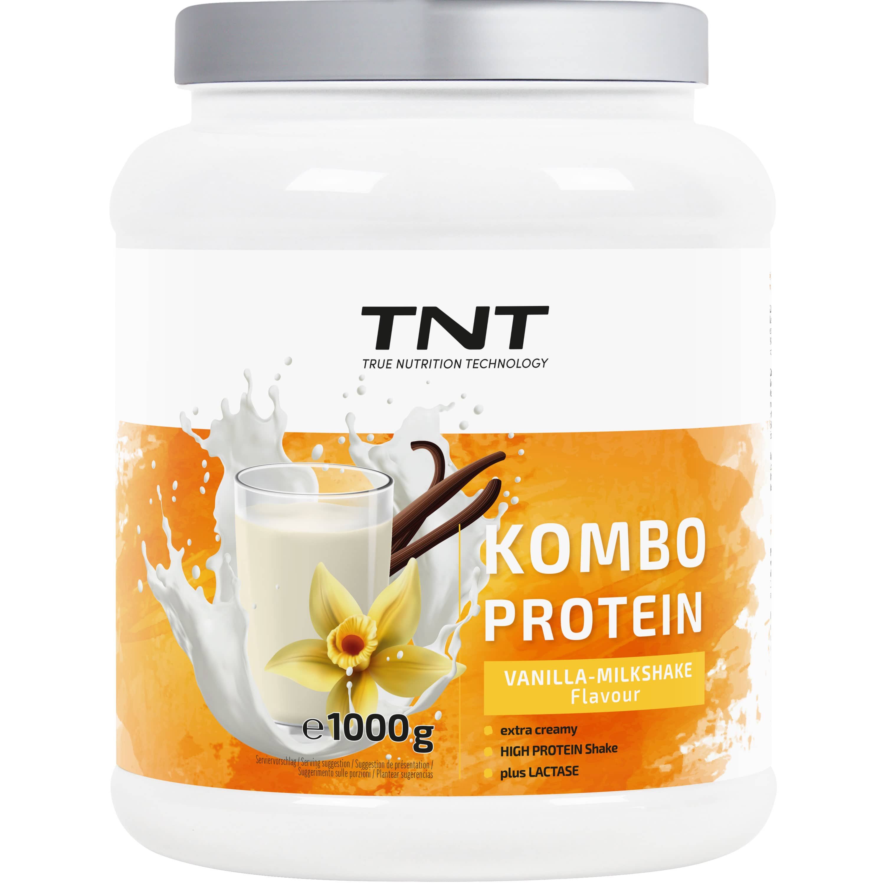 TNT Kombo Protein-Behälter. Vanille-Milchshake-Geschmack. 1000g. Enthält Laktase. Mit TNT-Logo.