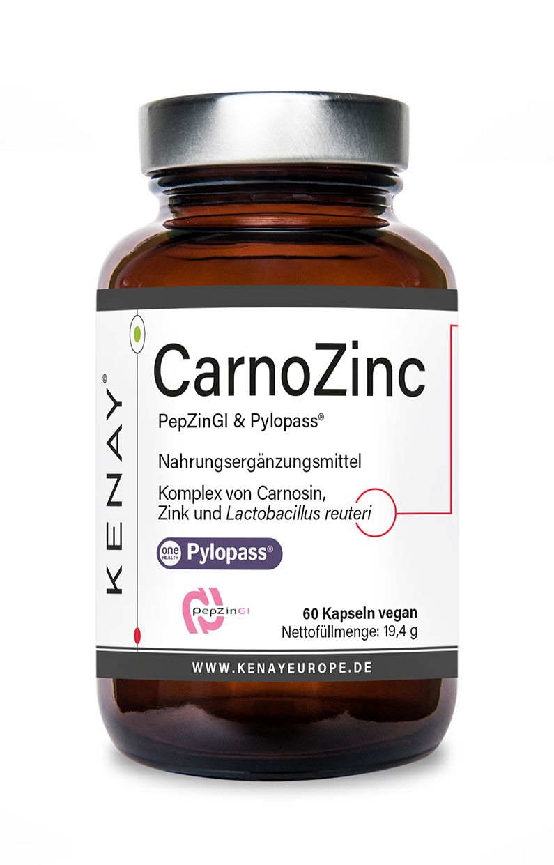 Braune Glasflasche mit weißem Etikett. Enthält CarnoZinc PepZinGI & Pylopass, Nahrungsergänzungsmittel. 60 Kapseln. Marke: Kenay.