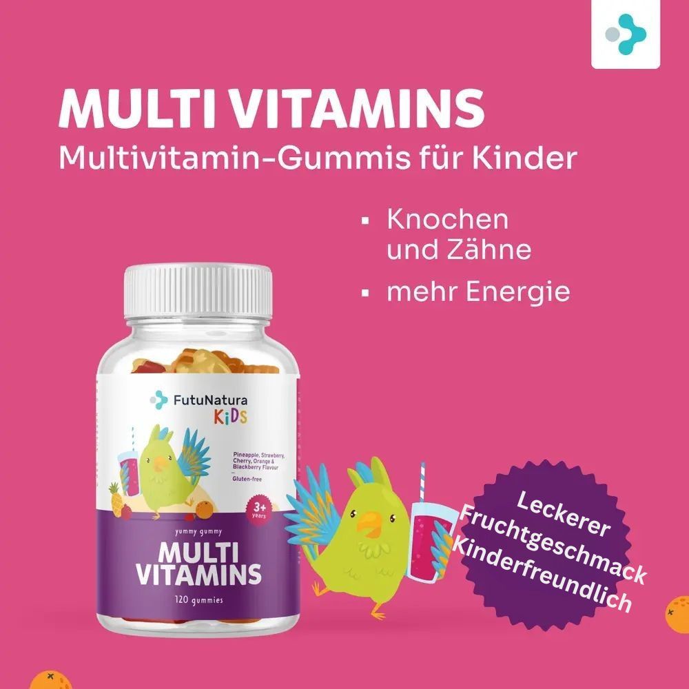Flasche mit Gummibärchen, daneben Illustration eines Papageis. Etikett mit Logo, Text "Multi Vitamins" und Illustration eines Papageis. "3+ years" und "120 gummies".